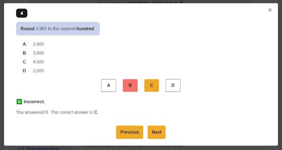 Our multiple-choice questions show the child's answer and the actual answer.